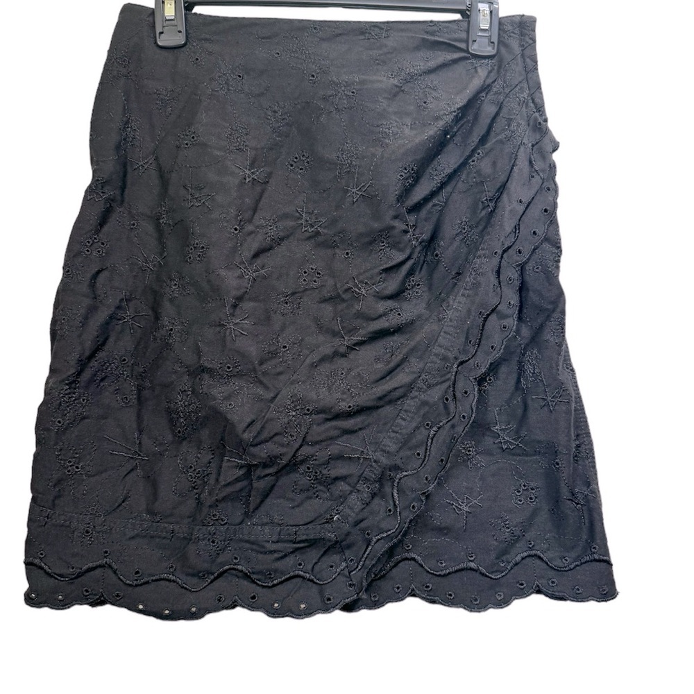 Gene Ewing Bis Vintage Embroidered Cotton Eyelet Faux Wrap Mini Skirt WR Denim M